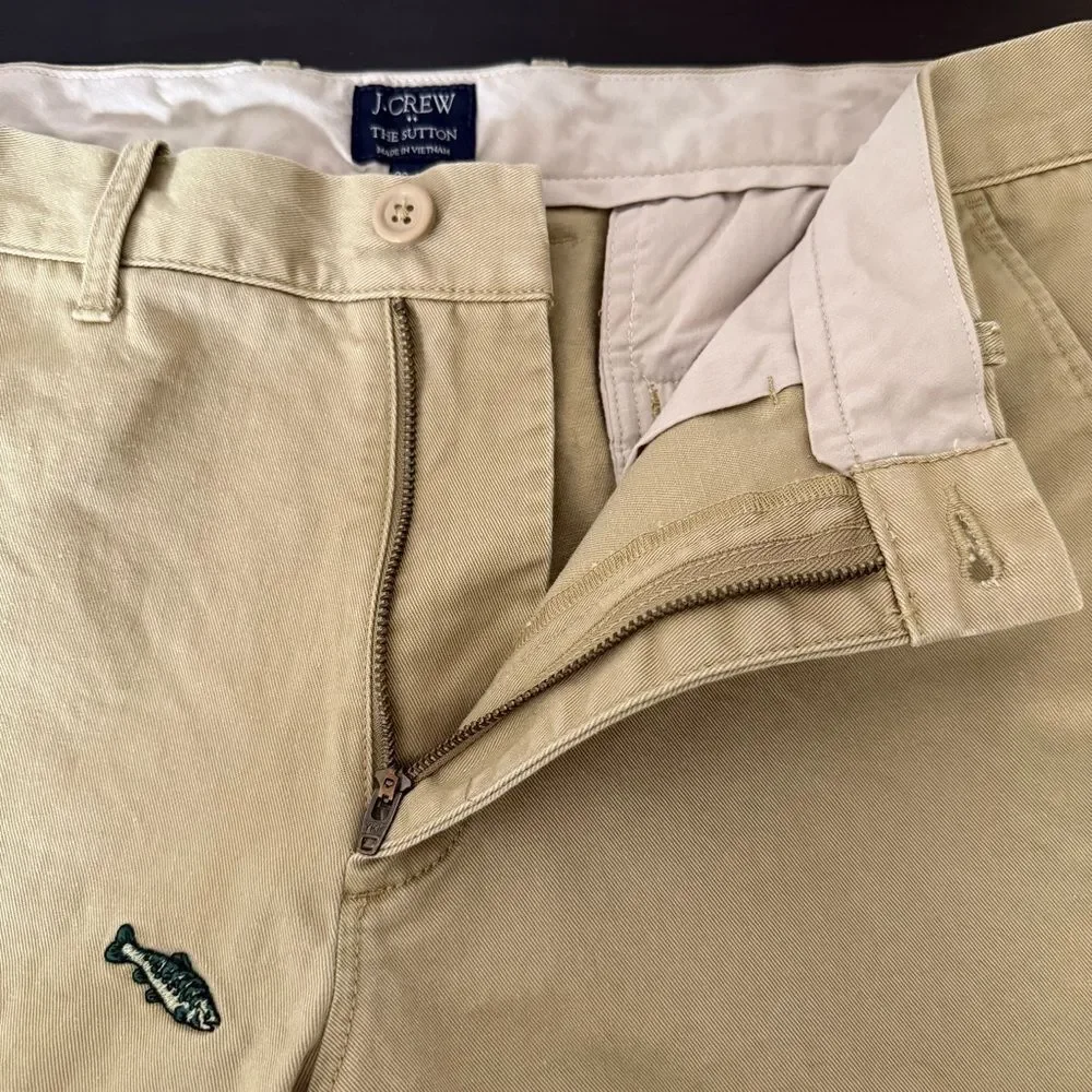J Crew The Sutton Chino Pants Mens 33x32 Tan Straight Embroidered Fish Cotton